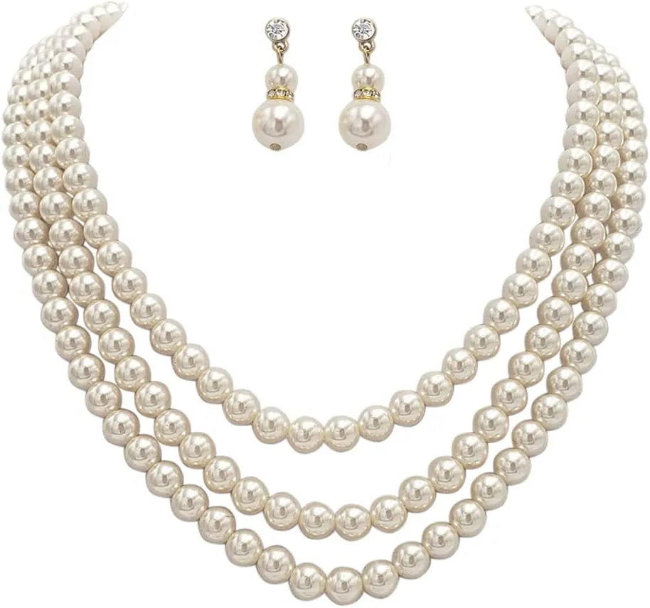 Rosemarie Collections Multi Strand Classic Faux Pearl Necklace and Earring Set - Adjustable Multi Strand Pearl Jewelry Set for Women - Elegant Faux Pearls for Weddings, Graduations & Special Occasions