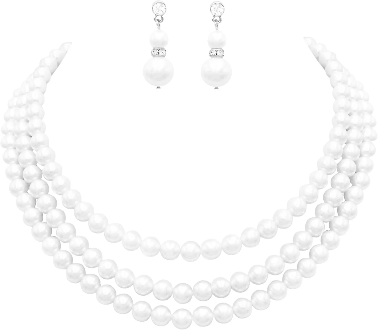 Rosemarie Collections Multi Strand Classic Faux Pearl Necklace and Earring Set - Adjustable Multi Strand Pearl Jewelry Set for Women - Elegant Faux Pearls for Weddings, Graduations & Special Occasions