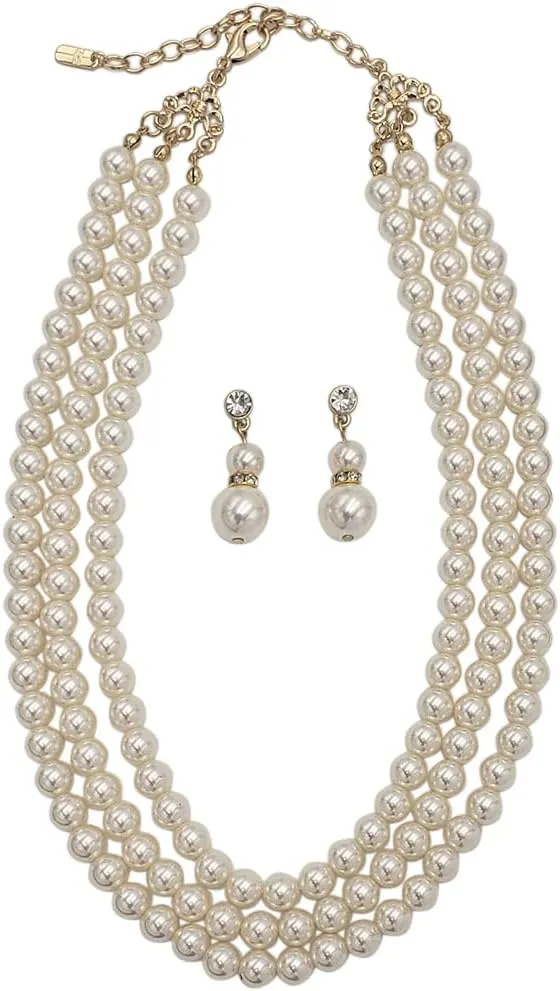 Rosemarie Collections Multi Strand Classic Faux Pearl Necklace and Earring Set - Adjustable Multi Strand Pearl Jewelry Set for Women - Elegant Faux Pearls for Weddings, Graduations & Special Occasions