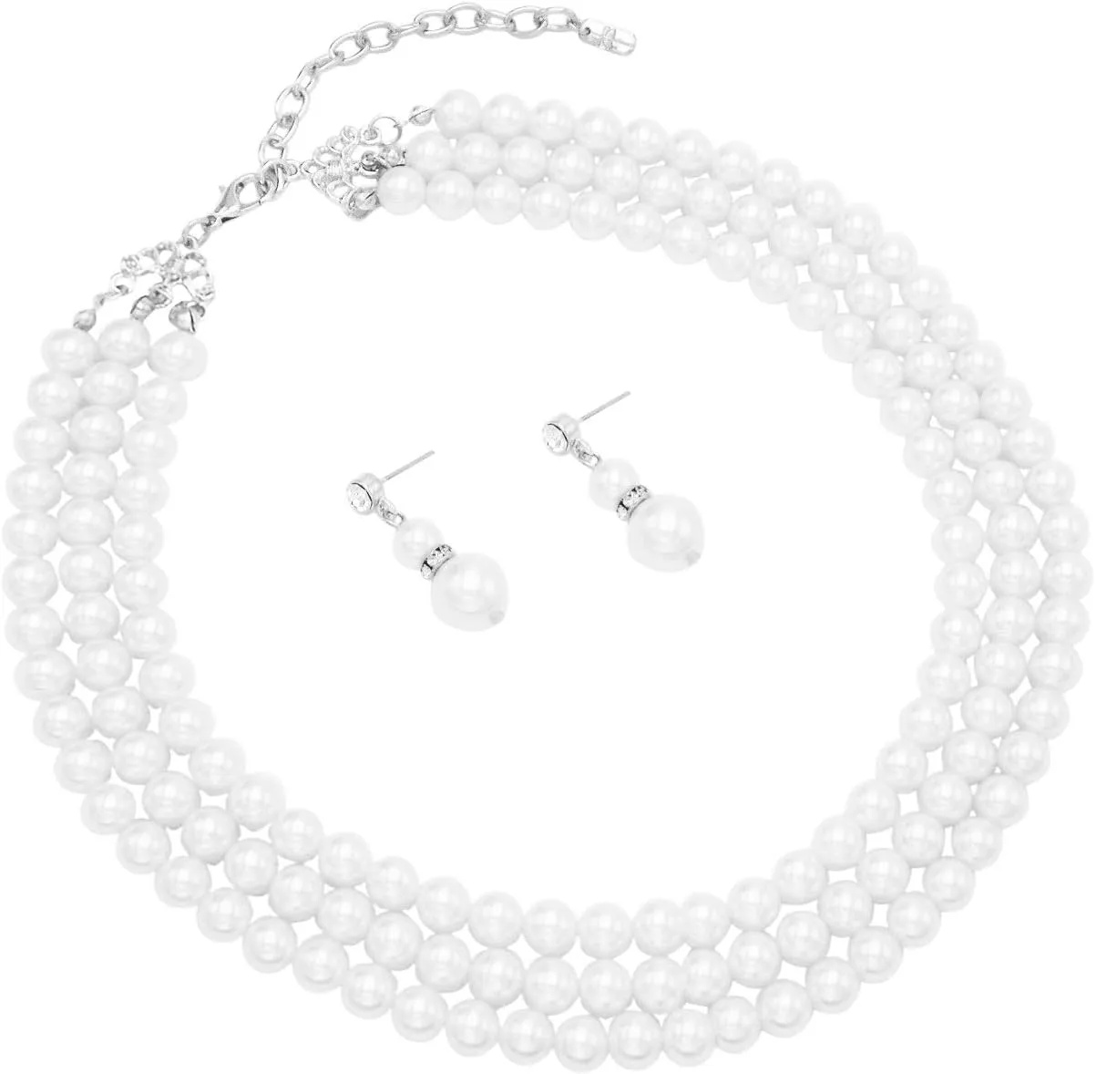 Rosemarie Collections Multi Strand Classic Faux Pearl Necklace and Earring Set - Adjustable Multi Strand Pearl Jewelry Set for Women - Elegant Faux Pearls for Weddings, Graduations & Special Occasions