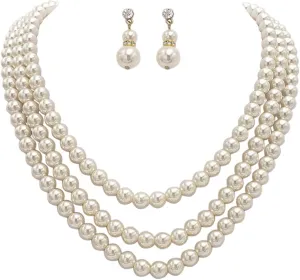 Rosemarie Collections Multi Strand Classic Faux Pearl Necklace and Earring Set - Adjustable Multi Strand Pearl Jewelry Set for Women - Elegant Faux Pearls for Weddings, Graduations & Special Occasions