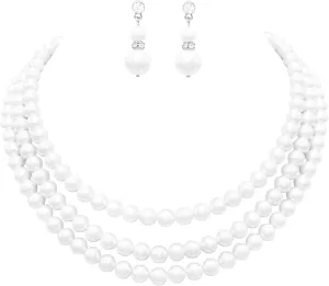 Rosemarie Collections Multi Strand Classic Faux Pearl Necklace and Earring Set - Adjustable Multi Strand Pearl Jewelry Set for Women - Elegant Faux Pearls for Weddings, Graduations & Special Occasions