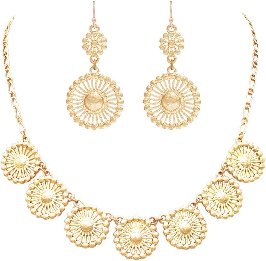 Rosemarie Collections Women's Beautiful Metal Filigree Disc Doily Necklace Earring Set