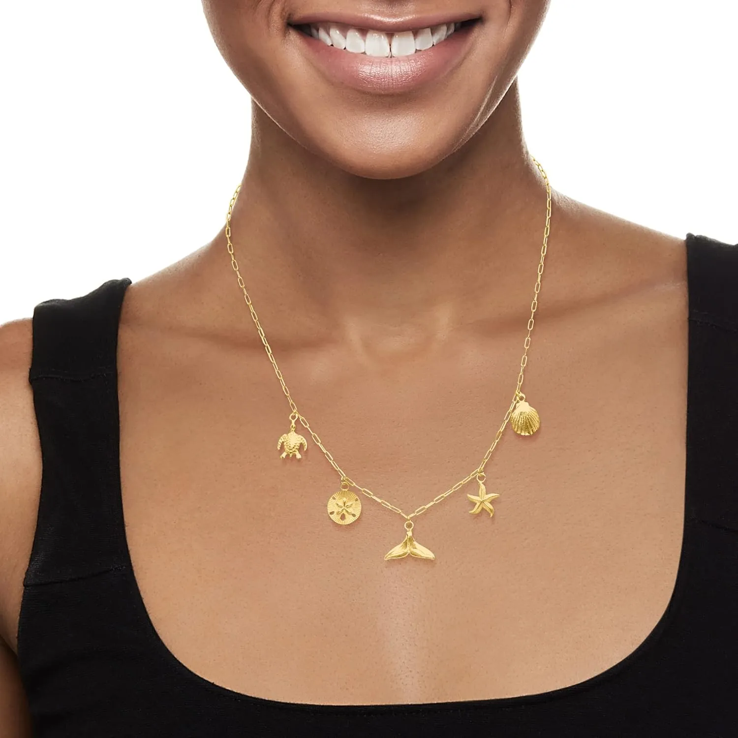 Ross-Simons 18kt Gold Over Sterling Sea Life Charm Paper Clip Link Necklace