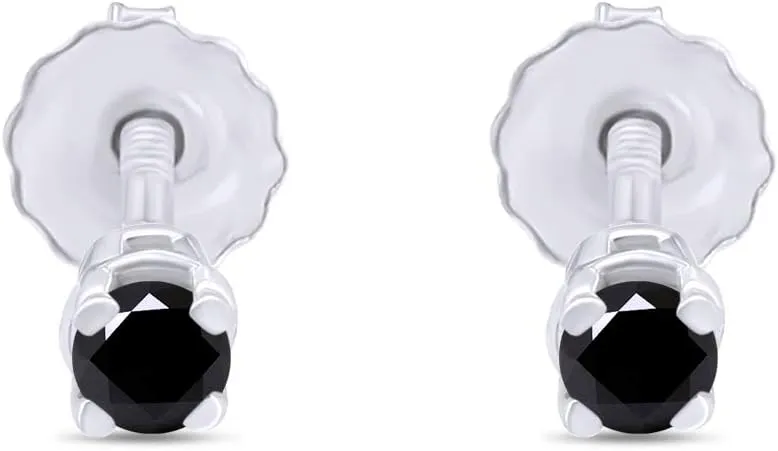 Round Cut Black Natural Diamond Screw Back Stud Earrings In 14k Solid Gold (0.25 cttw)