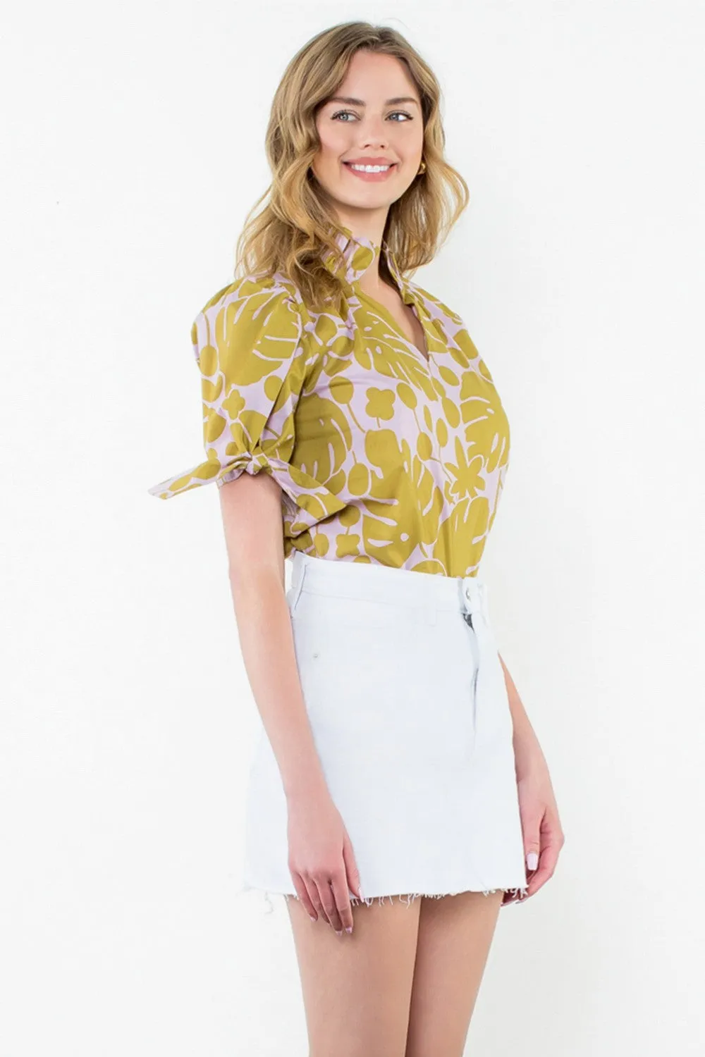 Ruffle Neck Print Top- Mustard