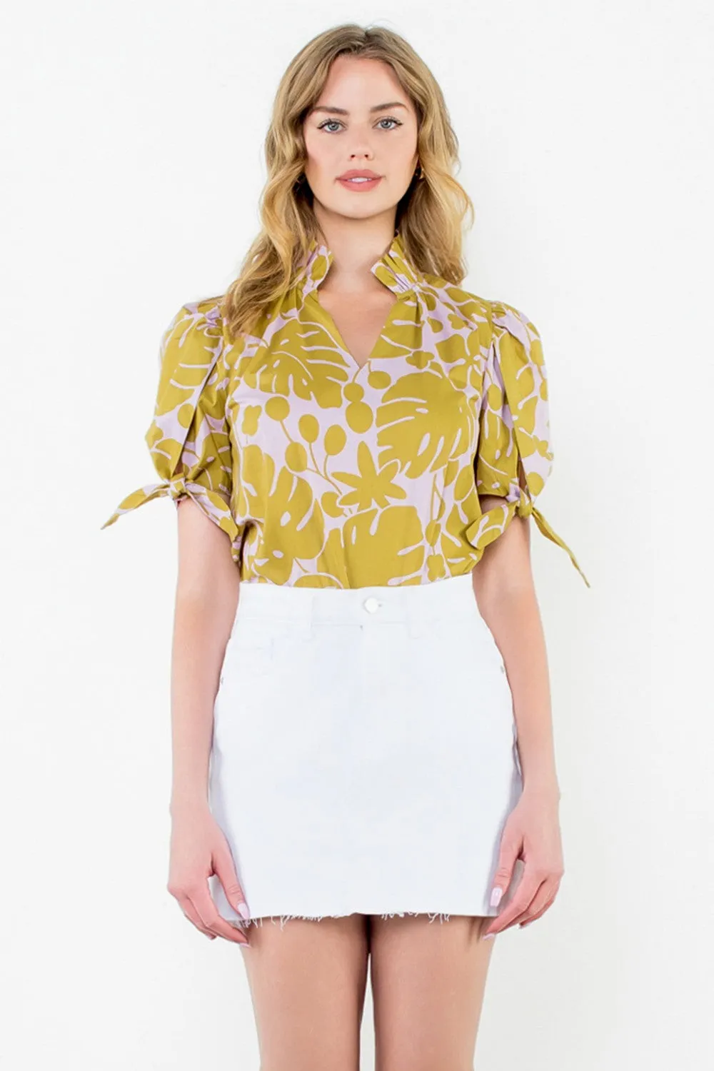 Ruffle Neck Print Top- Mustard