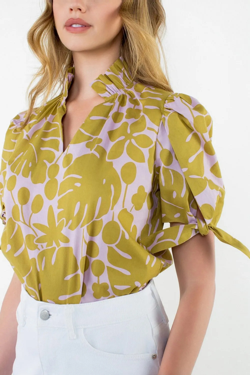 Ruffle Neck Print Top- Mustard