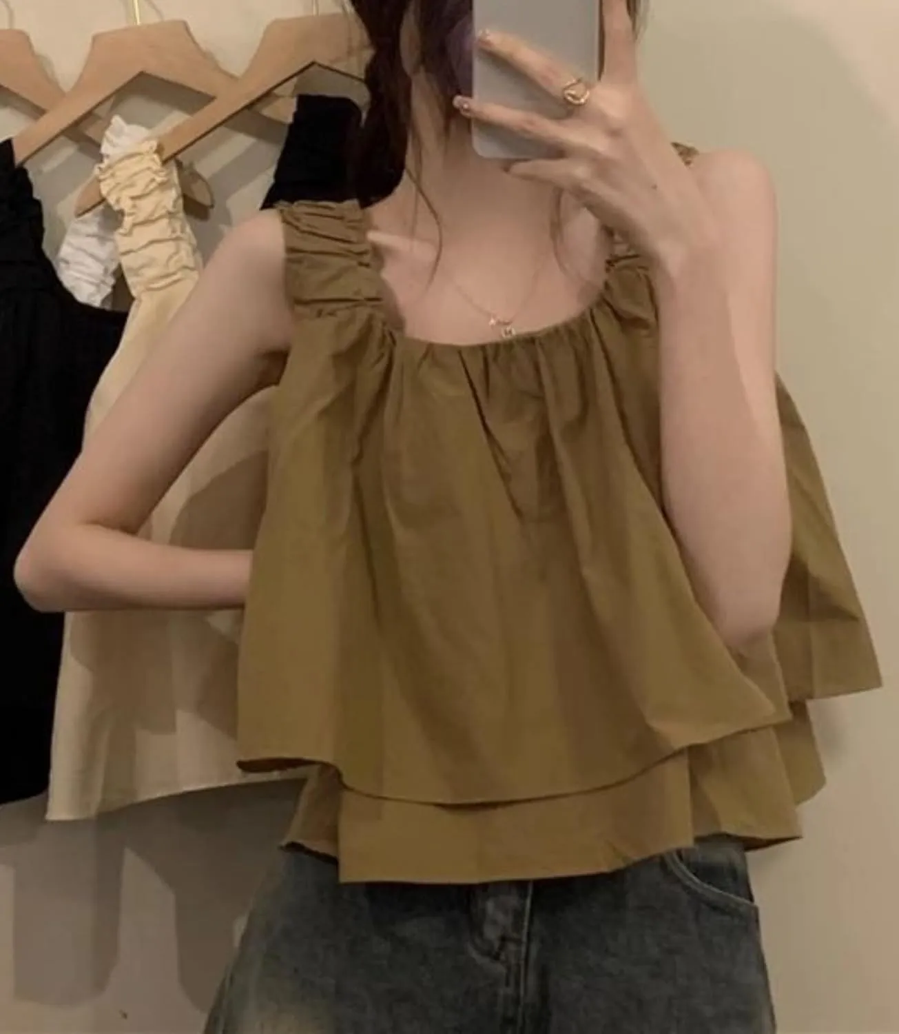 Ruffle Sleeve Summer Tank Tops for Women Cute Shirts Y2k Loose Fit Cropped Flowy Tops Babydoll Blouse Streetwear