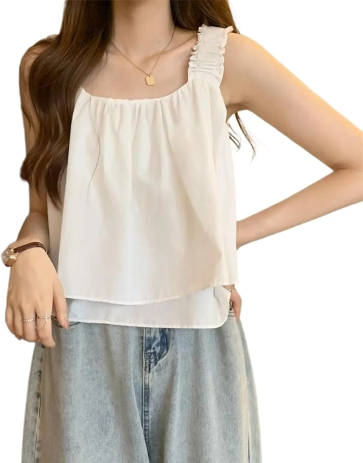 Ruffle Sleeve Summer Tank Tops for Women Cute Shirts Y2k Loose Fit Cropped Flowy Tops Babydoll Blouse Streetwear