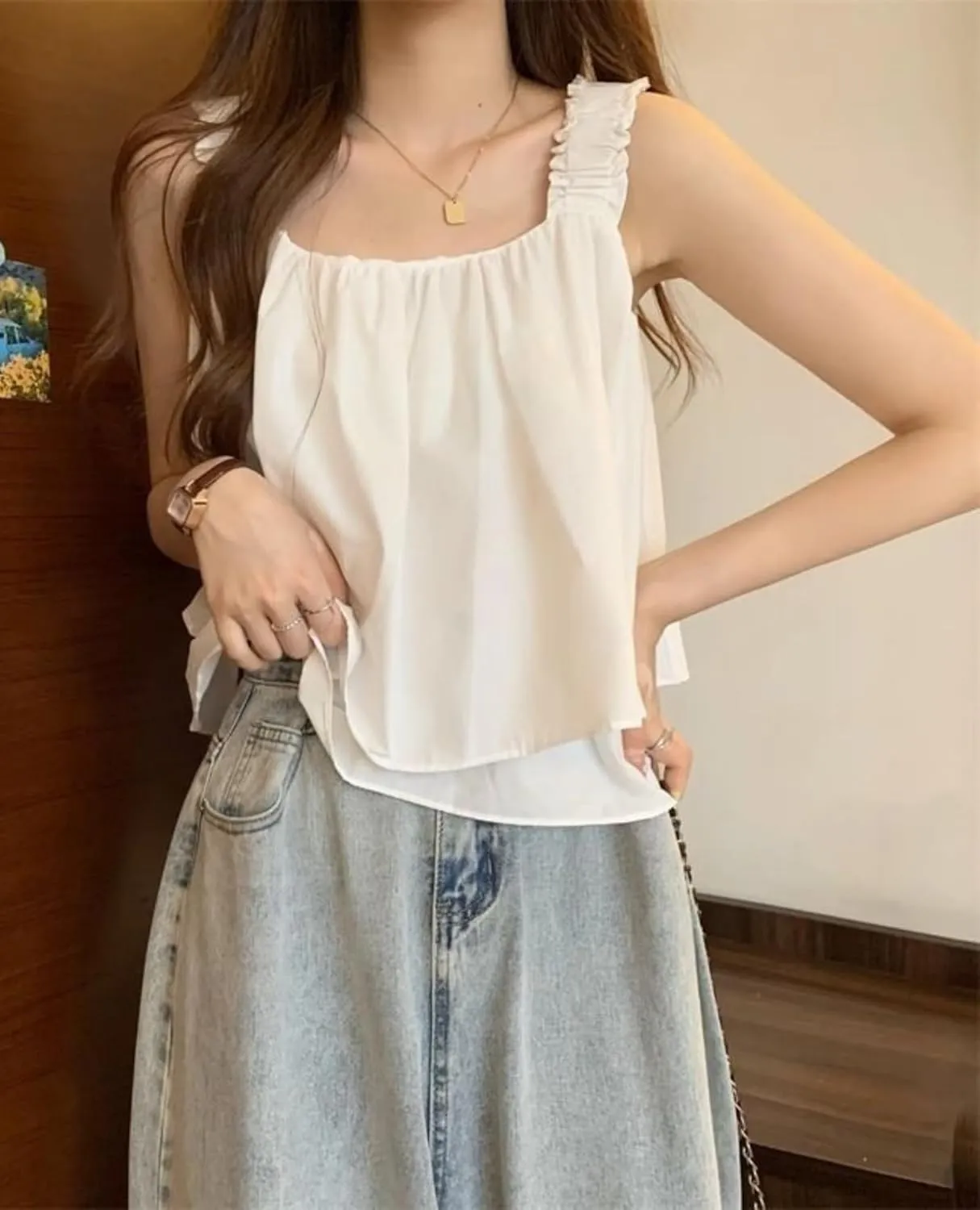 Ruffle Sleeve Summer Tank Tops for Women Cute Shirts Y2k Loose Fit Cropped Flowy Tops Babydoll Blouse Streetwear