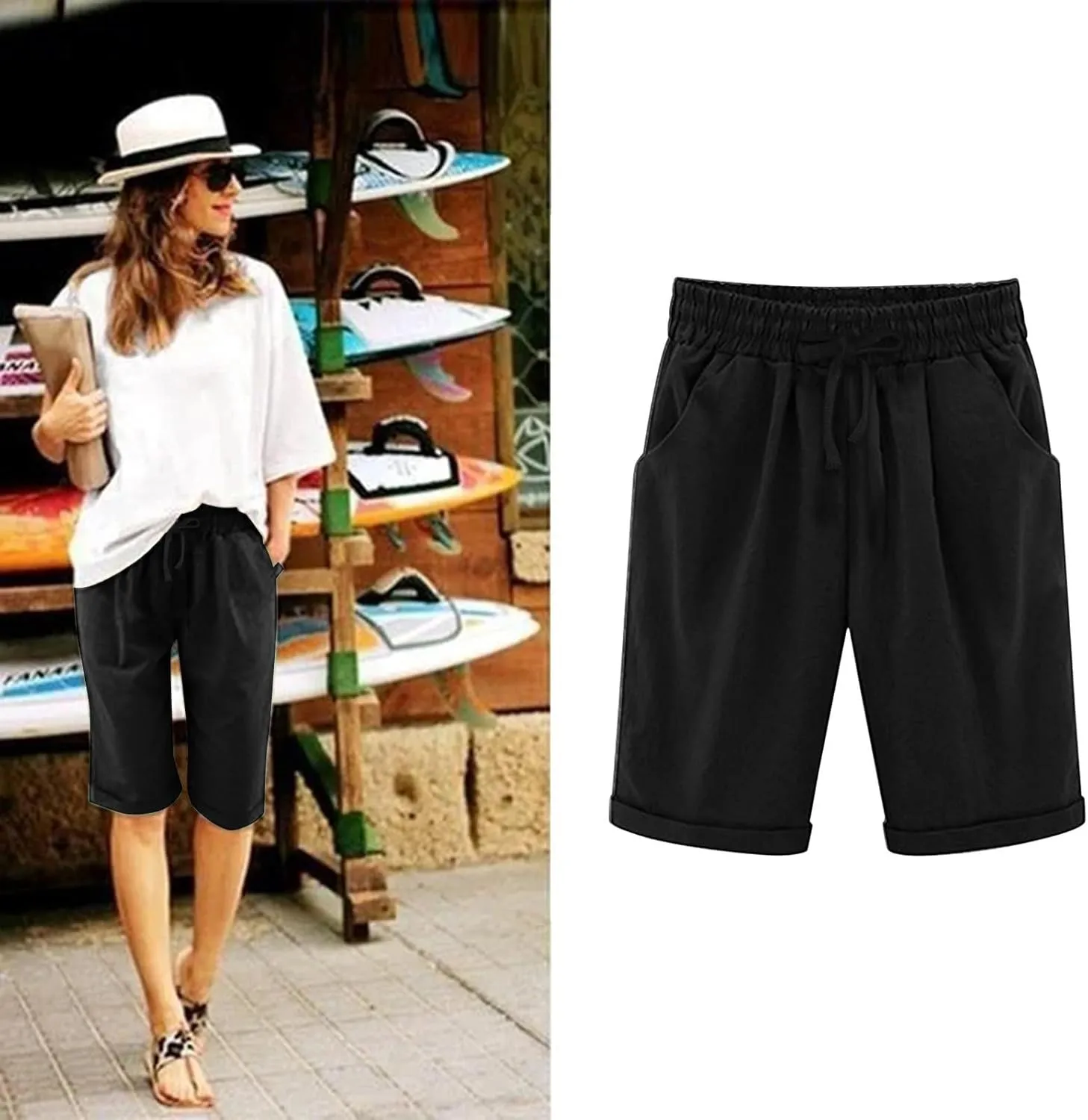 Rvidbe Cotton Linen Shorts for Women Knee Length, Womens Loose Fit Bermuda Shorts Elastic Waist Casual Summer Shorts Pants