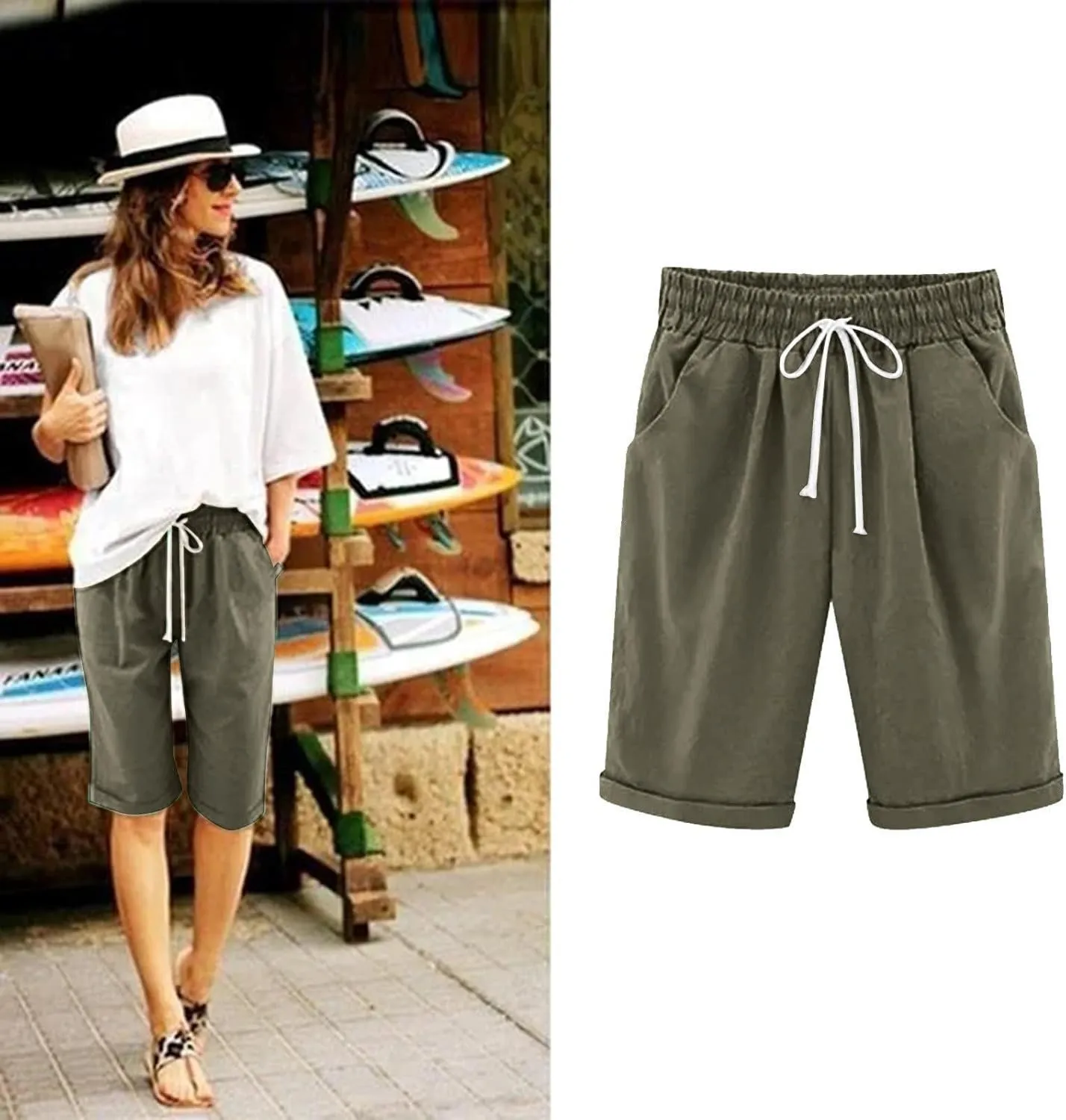 Rvidbe Cotton Linen Shorts for Women Knee Length Women's Loose Fit Bermuda Shorts Elastic Waist Casual Summer Shorts Pants