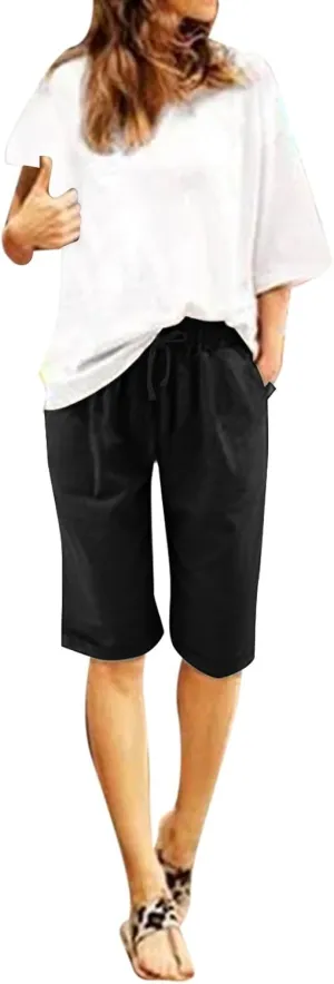 Rvidbe Cotton Linen Shorts for Women Knee Length, Womens Loose Fit Bermuda Shorts Elastic Waist Casual Summer Shorts Pants