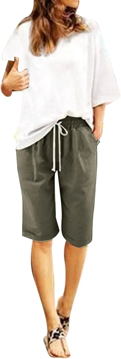 Rvidbe Cotton Linen Shorts for Women Knee Length Women's Loose Fit Bermuda Shorts Elastic Waist Casual Summer Shorts Pants