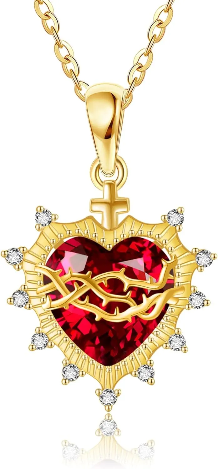Sacred Heart Necklace 925 Sterling Silver Sacred Heart of Jesus Pendant Necklace Cross Pendant God's Love Jewelry for Women