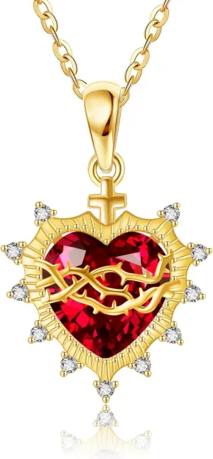 Sacred Heart Necklace 925 Sterling Silver Sacred Heart of Jesus Pendant Necklace Cross Pendant God's Love Jewelry for Women