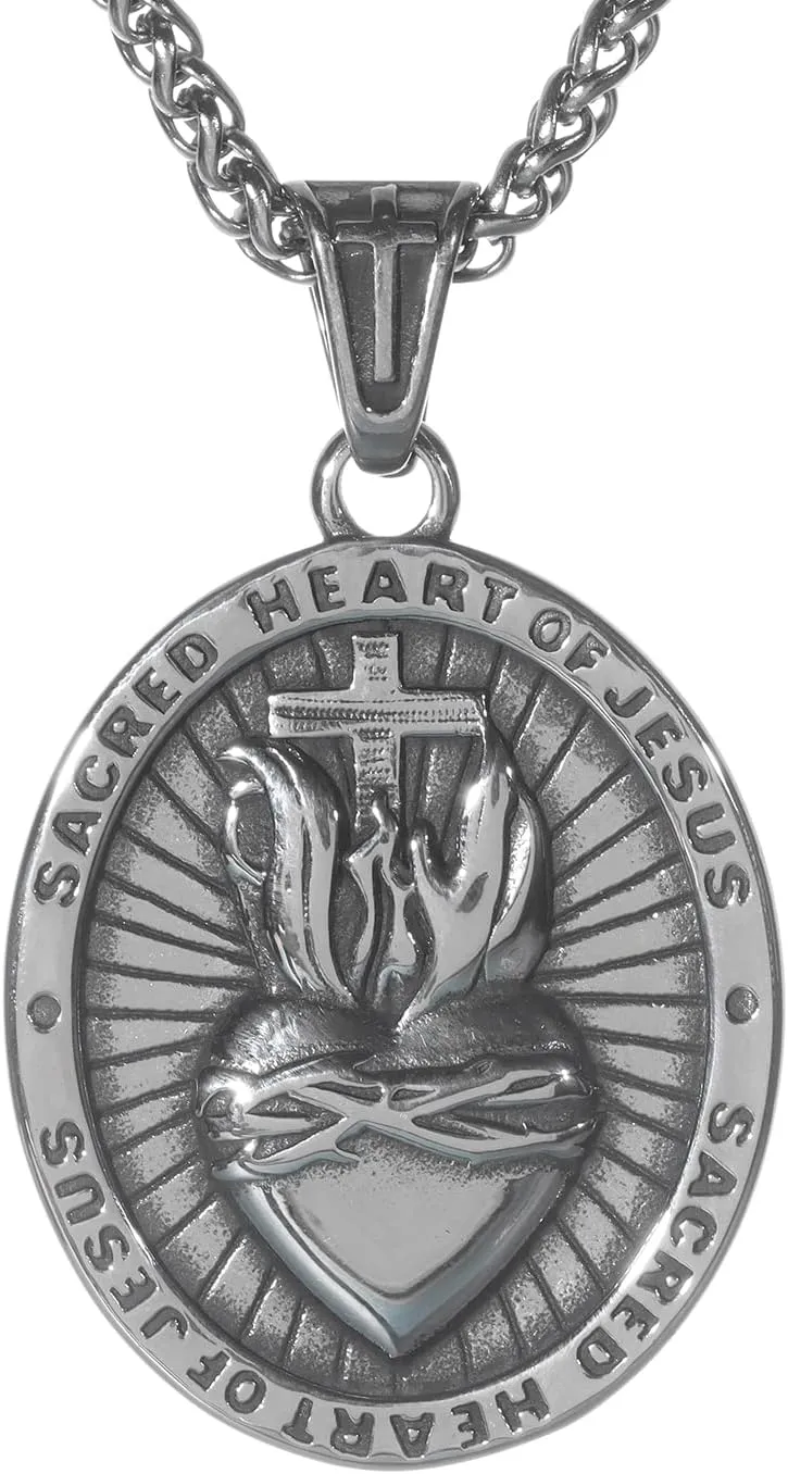 Sacred Heart of Jesus Necklace, Stainless Steel Jesus Christ Sacred Heart Medal, Punk Pendant Necklace Trendy Jewelry Christian Amulet Christian Gift