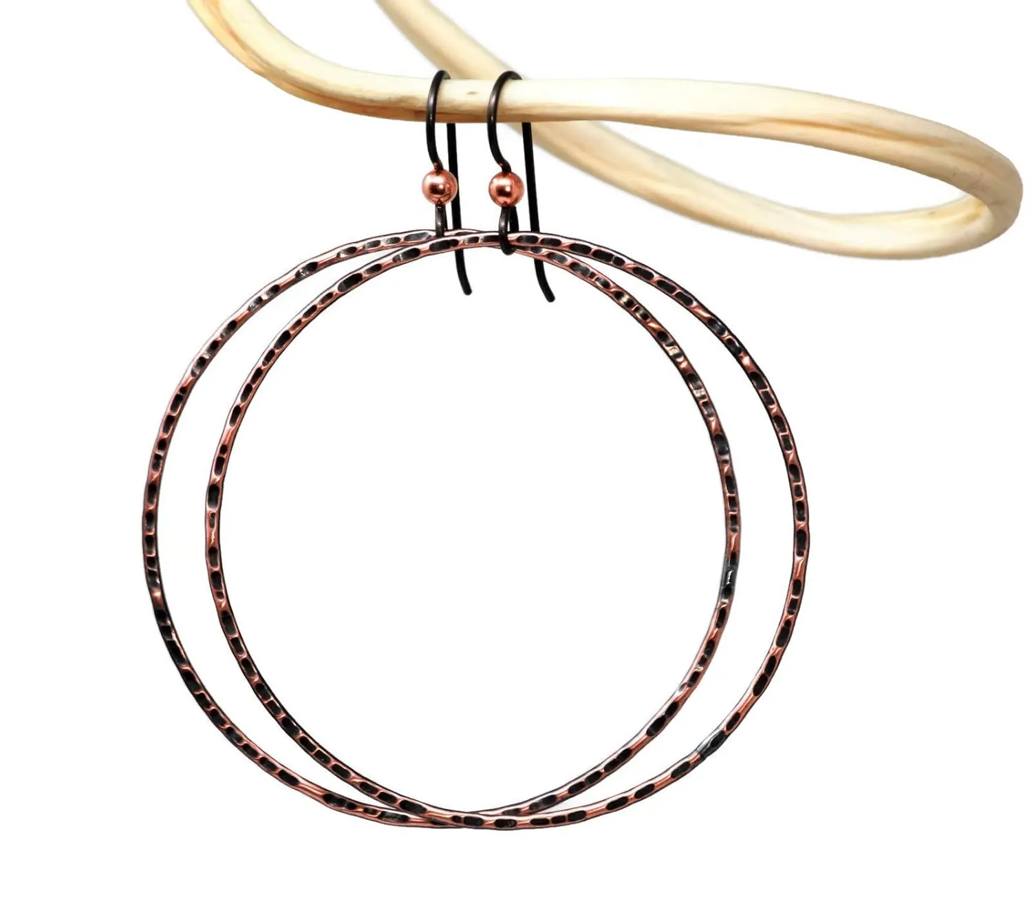 Salish Sea Inspirations Antique Copper Hammered Hoop Earrings - Hypoallergenic Niobium (2.0" Diameter)