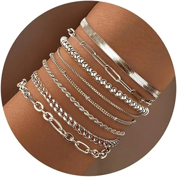 Sanfenly 8Pcs Gold Bracelets For Women, 14K Real Gold Plated Dainty Trendy Stackable Stacking Bracelets Chain Charm Link Paperclip Beaded Bracelet Stainless Steel Stretch Layered Women's Bracelet Sets
