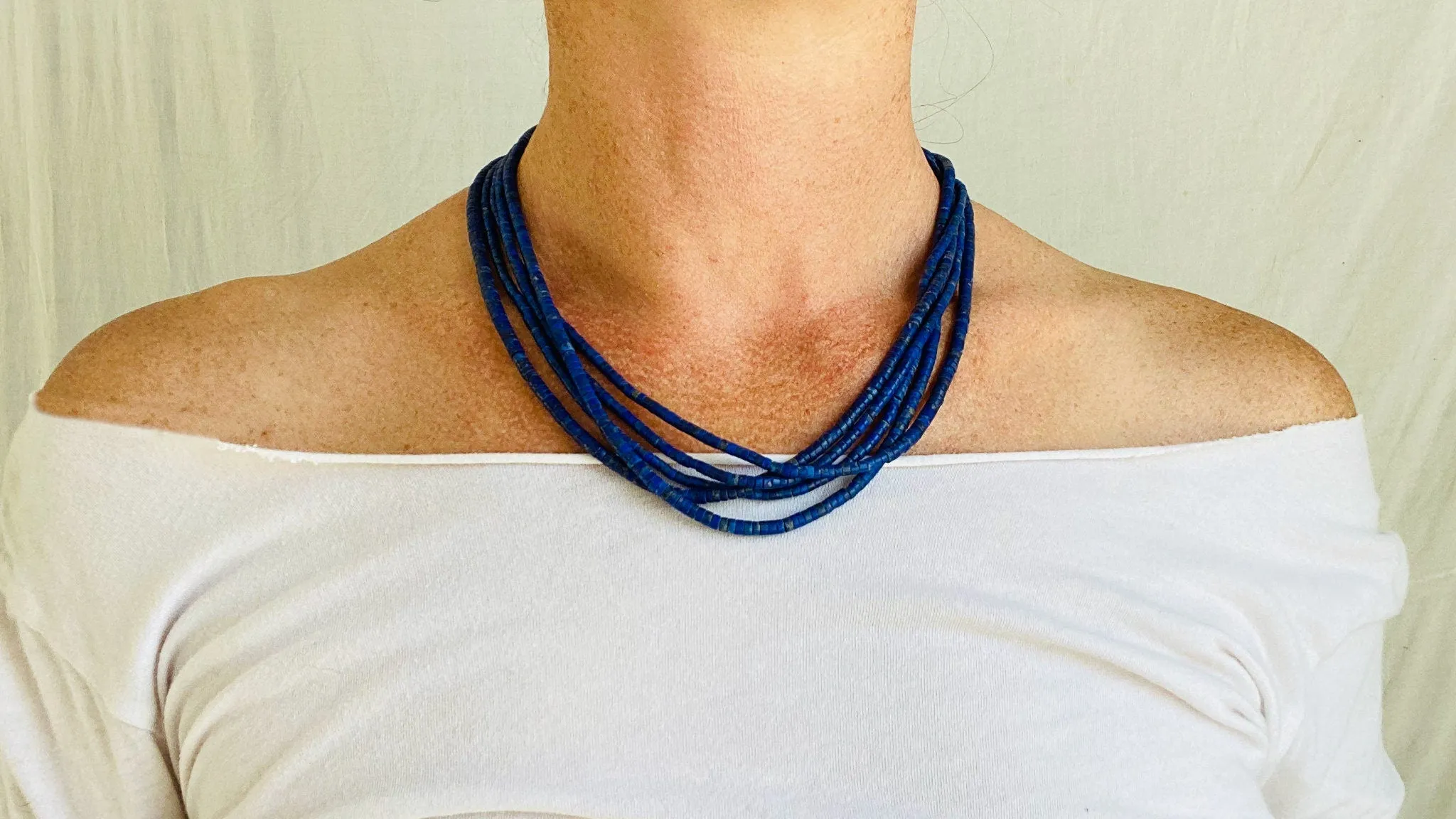 Santo Domingo Pueblo Multi-Strand Lapis & Shell Necklace. Native American