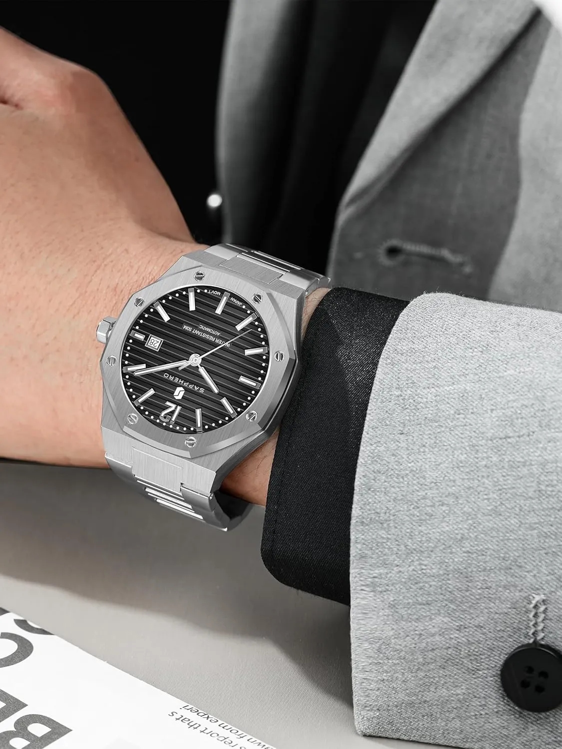 SAPPHERO Mens Watch Mechanical Automatic Watches for Man Date Luxury Analog 50 Meter Waterproof Business Sports Stainless Steel Strap Gifts