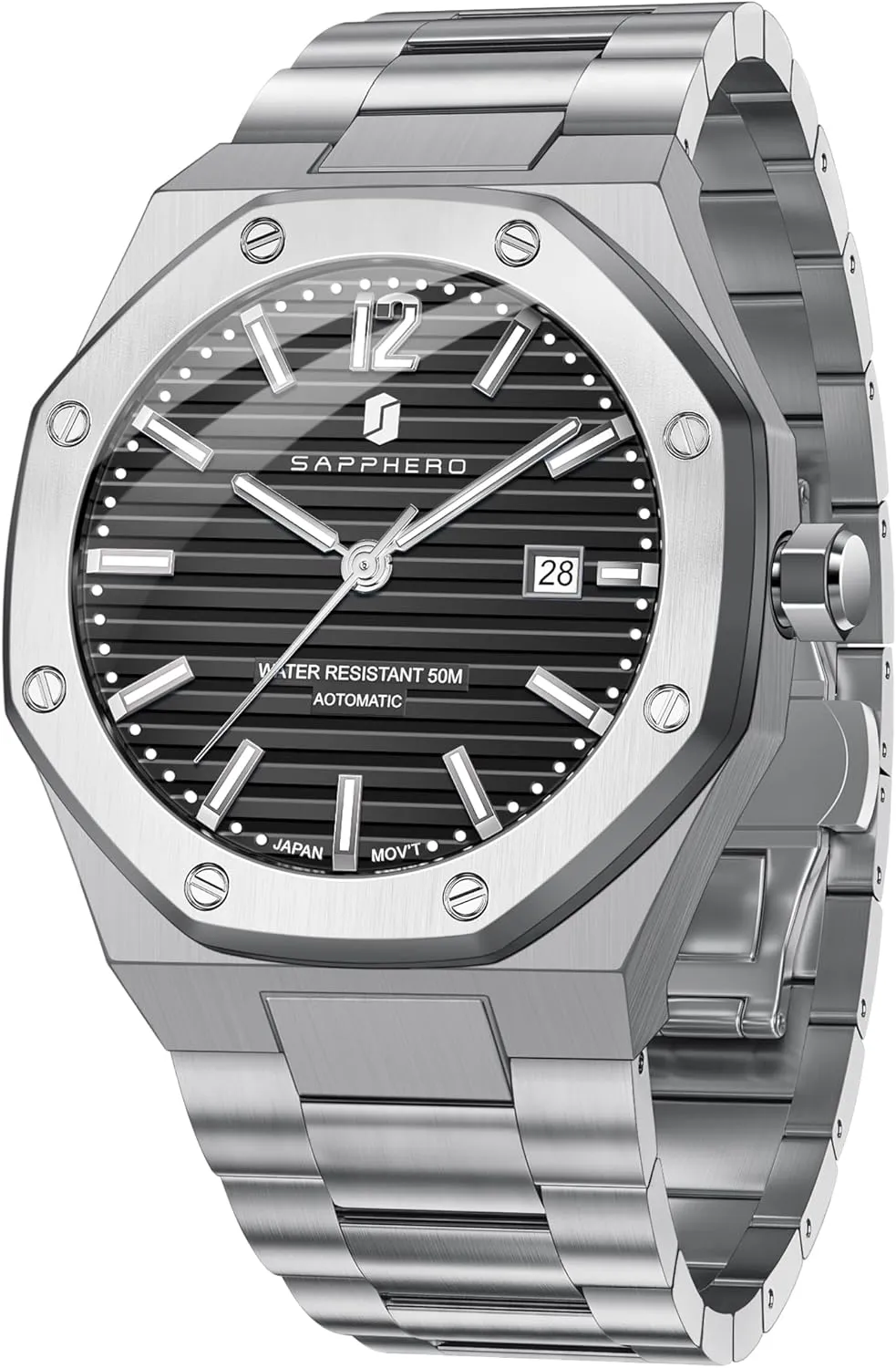SAPPHERO Mens Watch Mechanical Automatic Watches for Man Date Luxury Analog 50 Meter Waterproof Business Sports Stainless Steel Strap Gifts
