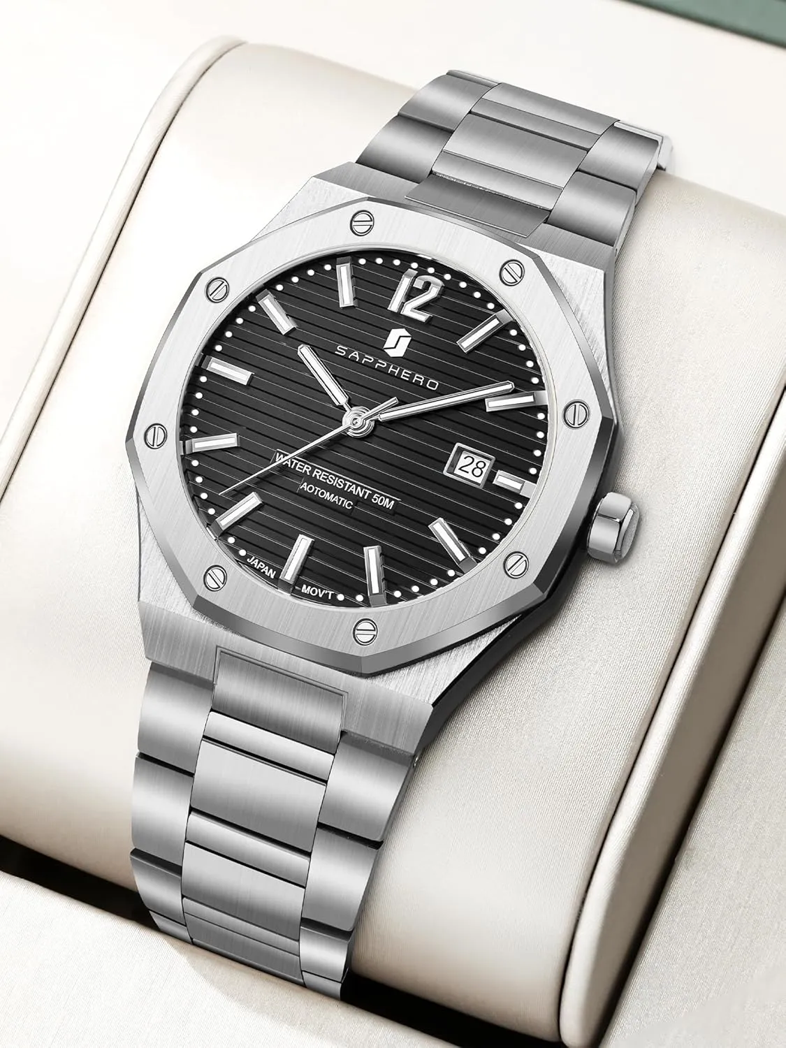 SAPPHERO Mens Watch Mechanical Automatic Watches for Man Date Luxury Analog 50 Meter Waterproof Business Sports Stainless Steel Strap Gifts