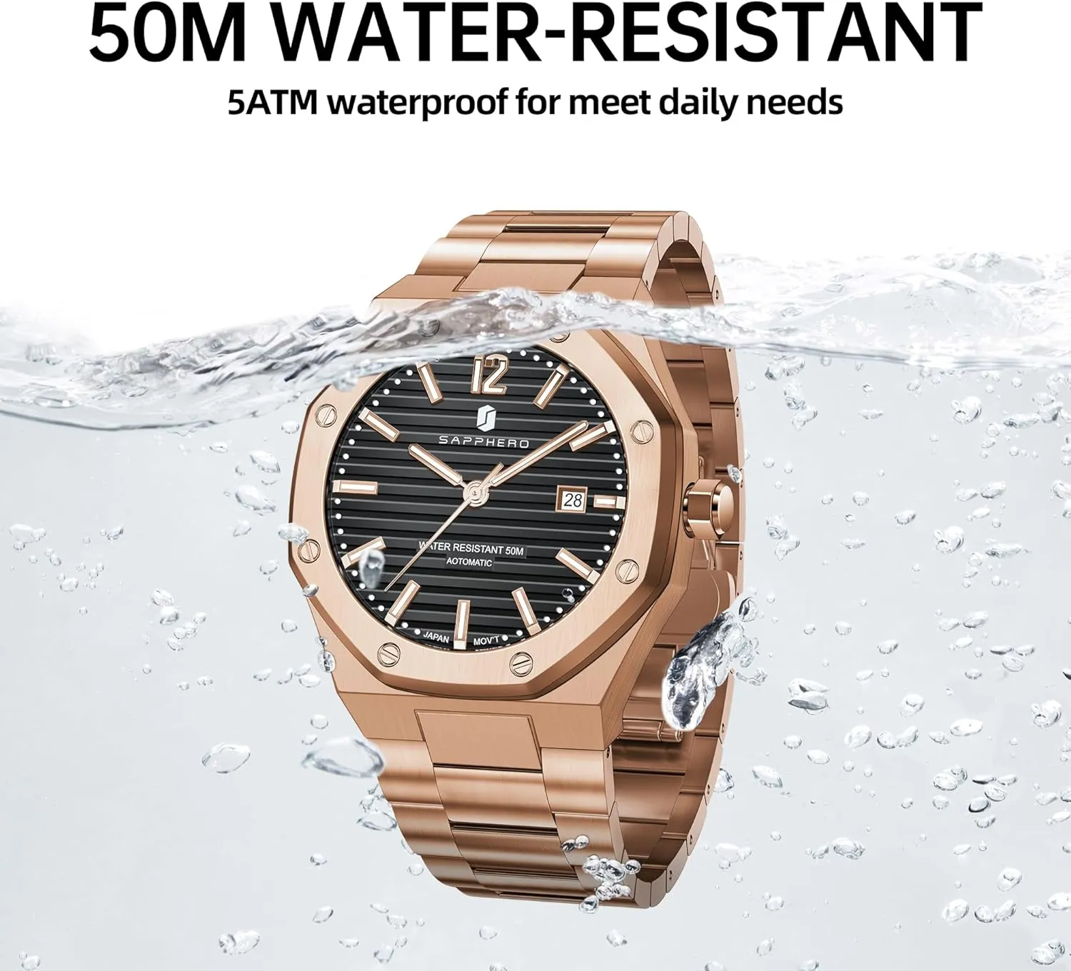 SAPPHERO Men's Watches Mechanical Automatic Watches for Men Date Luxury Analog 50 Meter Waterproof Business Sports Stainless Steel Strap Wristwatches for Man