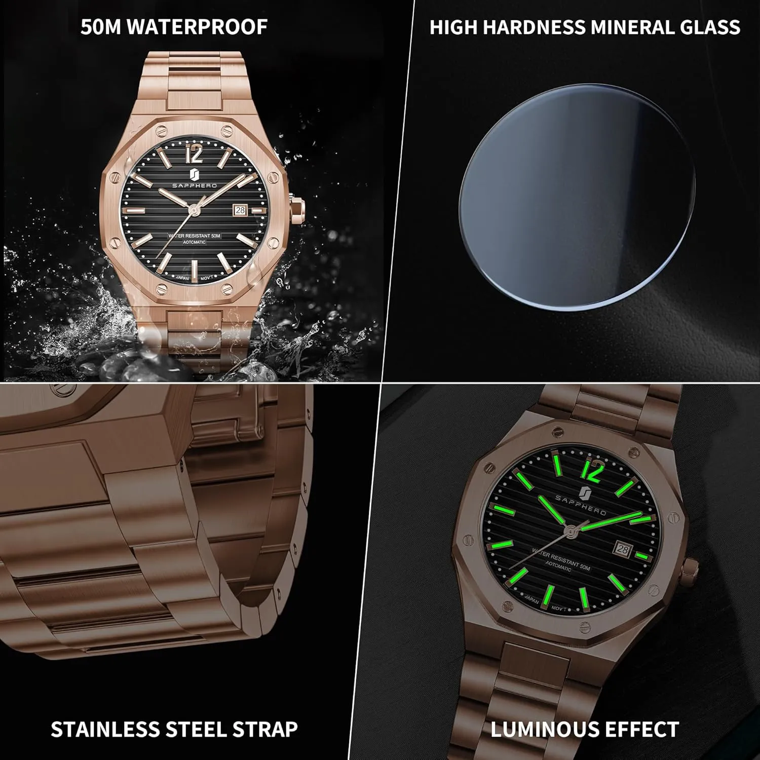 SAPPHERO Men's Watches Mechanical Automatic Watches for Men Date Luxury Analog 50 Meter Waterproof Business Sports Stainless Steel Strap Wristwatches for Man