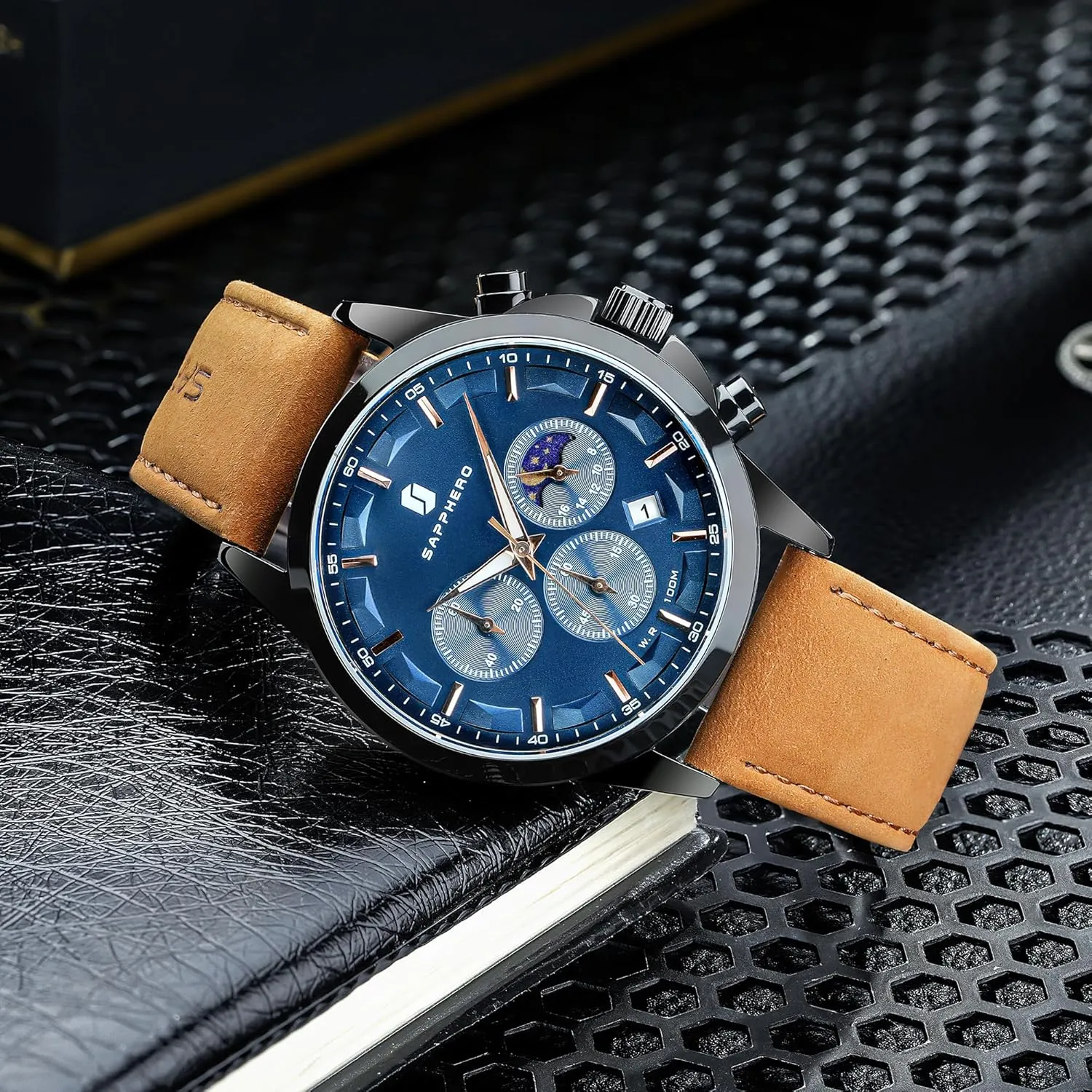 SAPPHERO Men's Watches Stainless Steel Chronograph Waterproof Quartz-Business Casual Dress Watch for Men Luminous Date Gold/Silver/Black Design-Easy-to-Read Luxury Dial-Leather Unique Elegant Gift