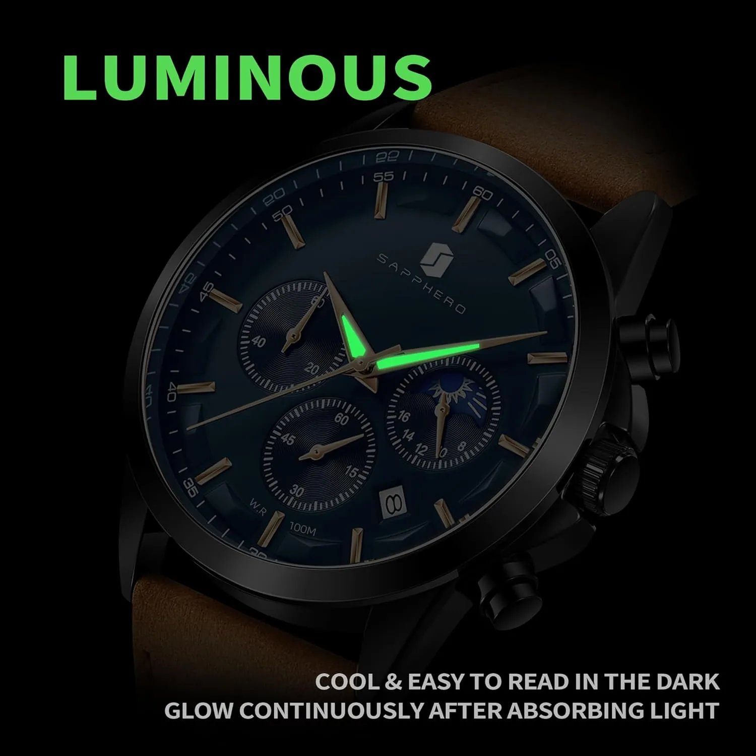 SAPPHERO Men's Watches Stainless Steel Chronograph Waterproof Quartz-Business Casual Dress Watch for Men Luminous Date Gold/Silver/Black Design-Easy-to-Read Luxury Dial-Leather Unique Elegant Gift