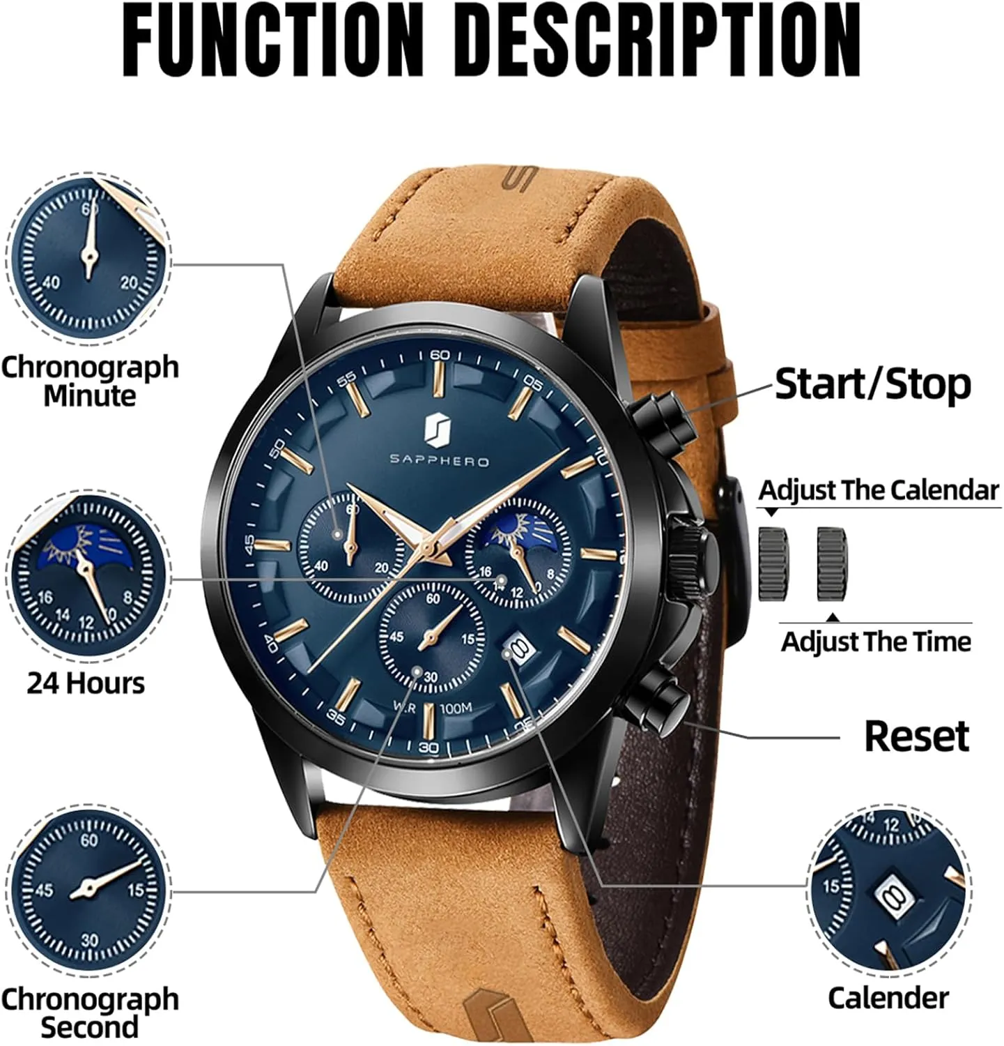 SAPPHERO Men's Watches Stainless Steel Chronograph Waterproof Quartz-Business Casual Dress Watch for Men Luminous Date Gold/Silver/Black Design-Easy-to-Read Luxury Dial-Leather Unique Elegant Gift