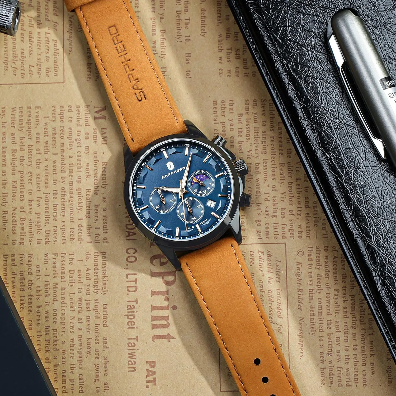 SAPPHERO Men's Watches Stainless Steel Chronograph Waterproof Quartz-Business Casual Dress Watch for Men Luminous Date Gold/Silver/Black Design-Easy-to-Read Luxury Dial-Leather Unique Elegant Gift