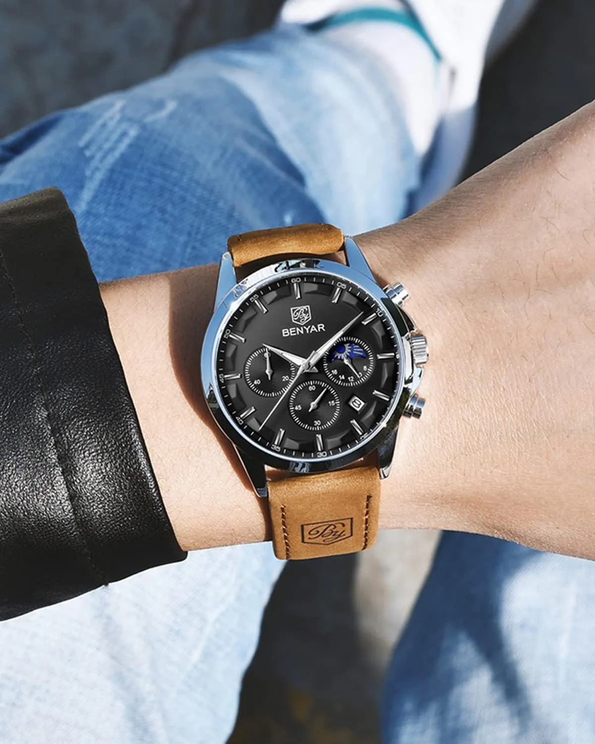 SAPPHERO Men's Watches Stainless Steel Chronograph Waterproof Quartz-Business Casual Dress Watch for Men Luminous Date Gold/Silver/Black Design-Easy-to-Read Luxury Dial-Leather Unique Elegant Gift