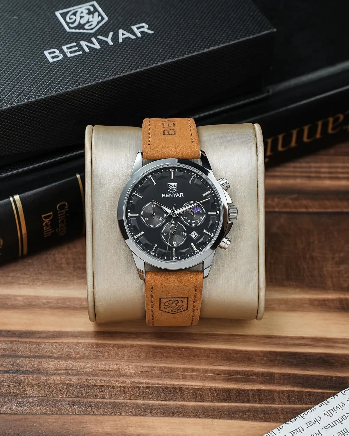 SAPPHERO Men's Watches Stainless Steel Chronograph Waterproof Quartz-Business Casual Dress Watch for Men Luminous Date Gold/Silver/Black Design-Easy-to-Read Luxury Dial-Leather Unique Elegant Gift