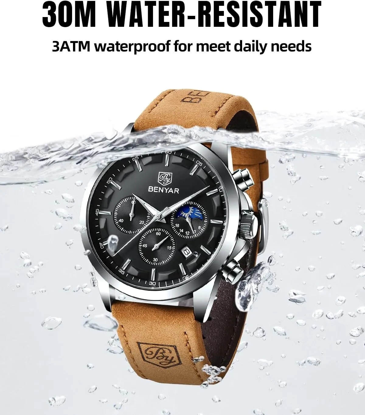 SAPPHERO Men's Watches Stainless Steel Chronograph Waterproof Quartz-Business Casual Dress Watch for Men Luminous Date Gold/Silver/Black Design-Easy-to-Read Luxury Dial-Leather Unique Elegant Gift