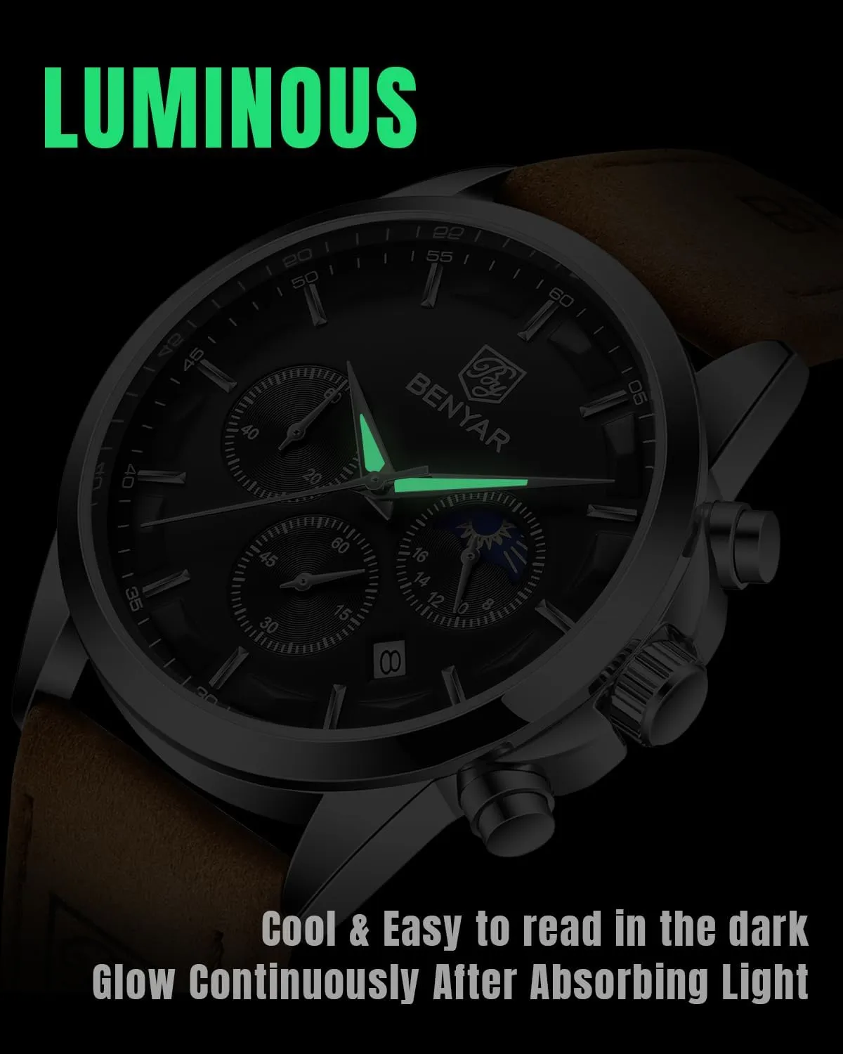 SAPPHERO Men's Watches Stainless Steel Chronograph Waterproof Quartz-Business Casual Dress Watch for Men Luminous Date Gold/Silver/Black Design-Easy-to-Read Luxury Dial-Leather Unique Elegant Gift