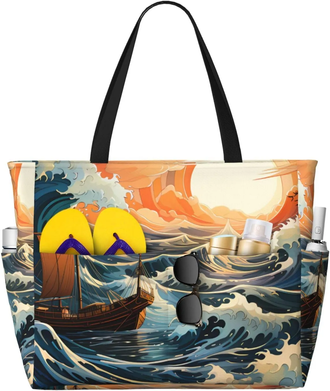 Sea and Sail Print 28L Large Beach Tote Bag, 7 Pockets Waterproof Travel Shoulder Bag, Gym Oversized Tote