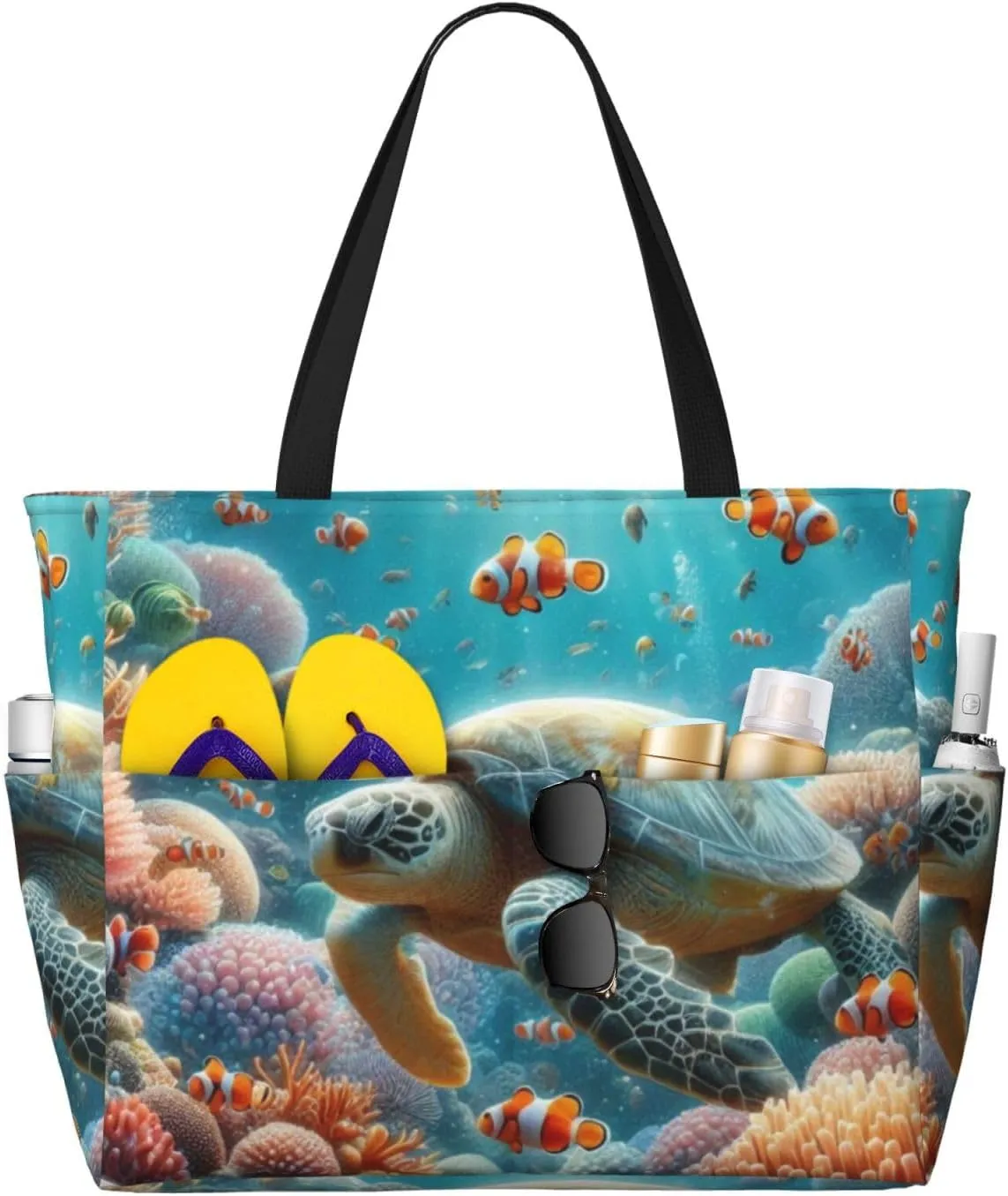 Sea Turtle and Clown Fish Print 28L Large Beach Tote Bag, 7 Pockets Waterproof Travel Shoulder Bag, Gym Oversized Tote