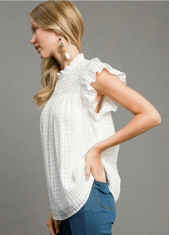 Seersucker Sleeveless Ruffle Top