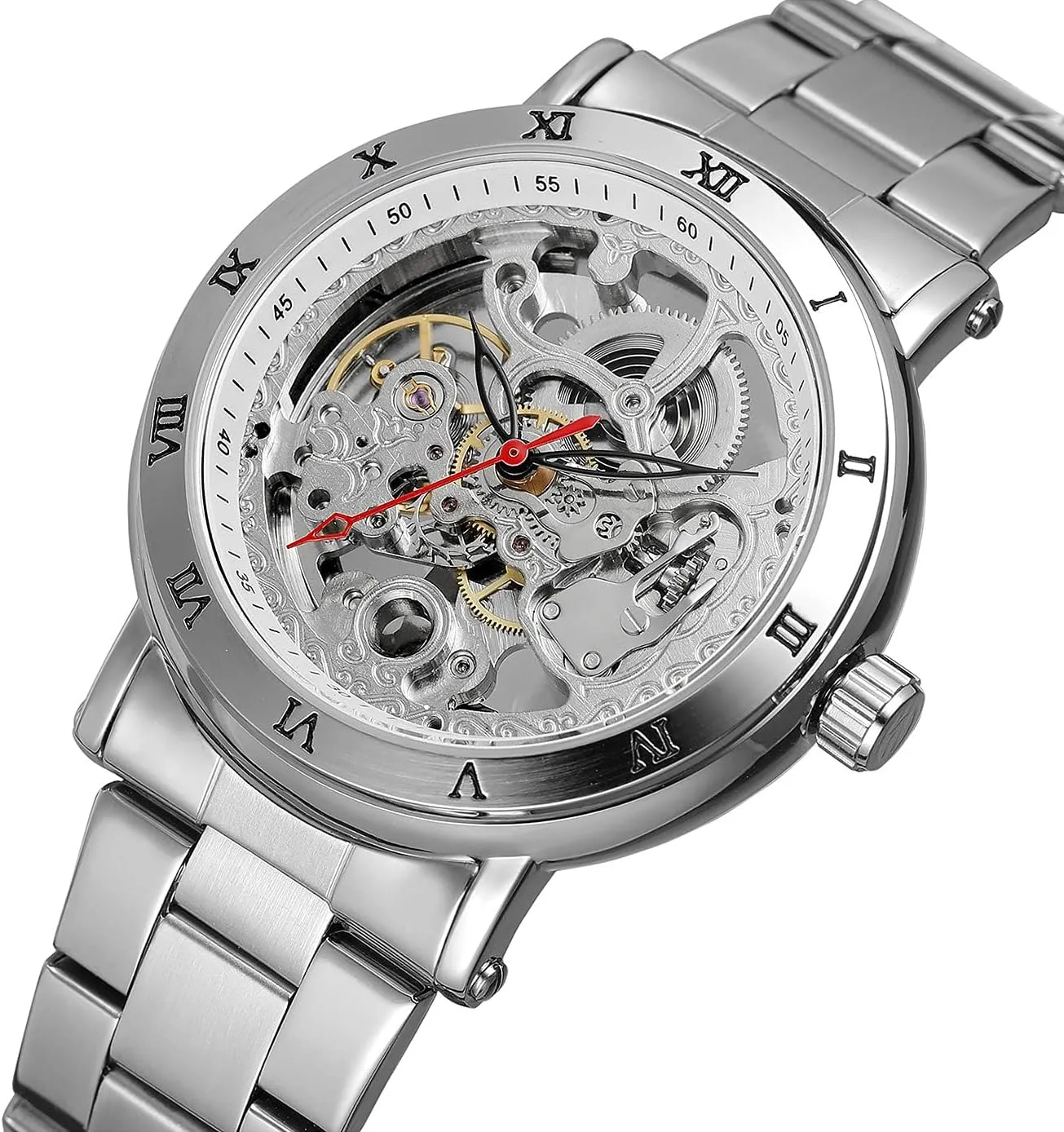 SENRUD Mens Automatic Watch Luxury Stainless Steel Business Wrist Watch Waterproof Large Dial Skeleton Watches