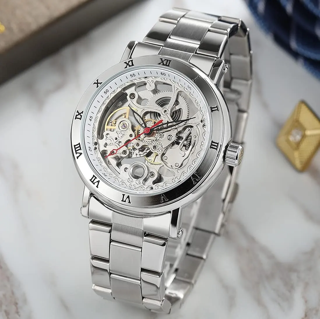 SENRUD Mens Automatic Watch Luxury Stainless Steel Business Wrist Watch Waterproof Large Dial Skeleton Watches
