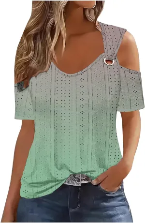 Sexy Clod Sholuder Tops for Women 2025 Summer Hollow Out Eyelet Short Sleeve T Shirts Going Out Blouses Ladies Tunic