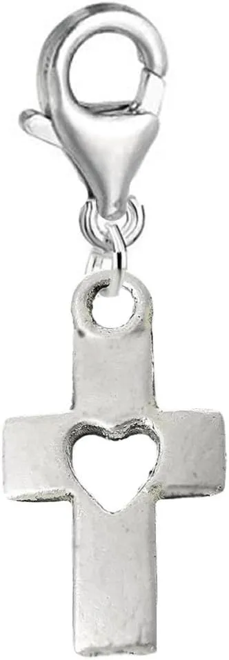 Sexy Sparkles Religious Cross with a Heart Clip-on Bead for Charm Bracelet Lobster Claw Clasp Charm