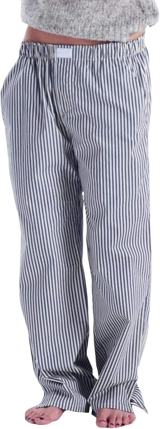 Seyurigaoka Y2K Striped Pajamas Pants for Women Cute Wide Leg Pinstripe Sleep Pj Bottoms Preppy Lounge Pants Trousers