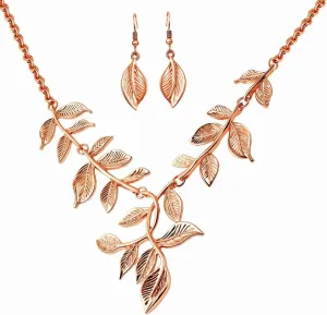 SHOP LC DELIVERING JOY ION Plated Gold Necklace Set - Gold Leaf Necklace and Earrings Set - Floral Costume Jewelry for Women Valentines Day Birthday Gifts for Women - 20 Inches