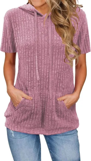Short Sleeve Hoodies for Women Pullover Oversized Sweatshirts Trendy Casual Shirts Tunic Tops with Kangaroo Pocket