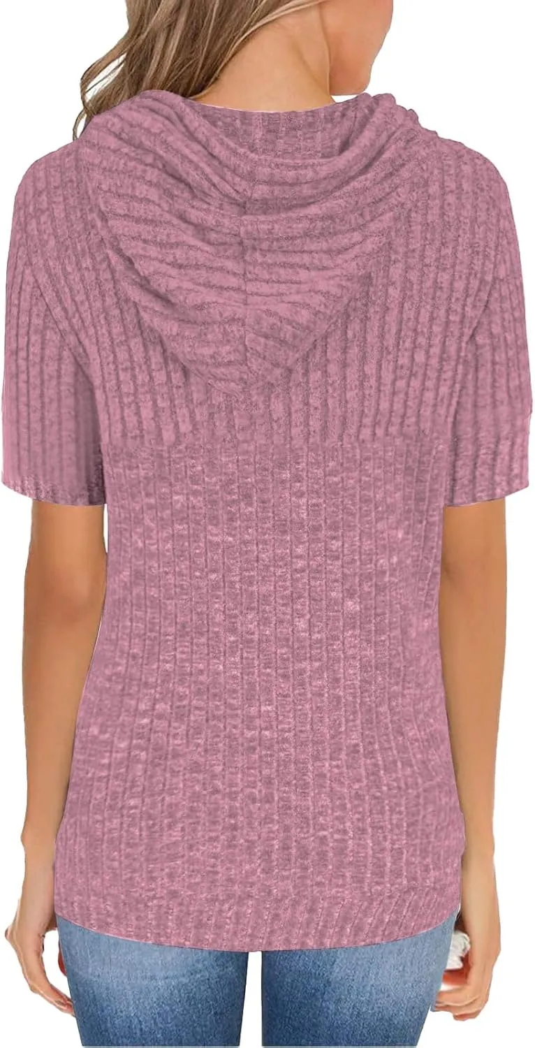 Short Sleeve Hoodies for Women Pullover Oversized Sweatshirts Trendy Casual Shirts Tunic Tops with Kangaroo Pocket
