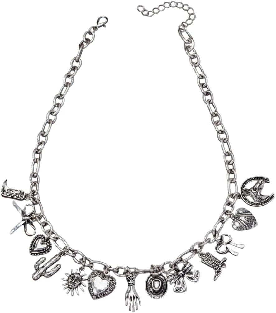 Silver Charm Necklace for Women | Chunky Charm Necklace with Sun, Moon, Bow, Heart Pendants